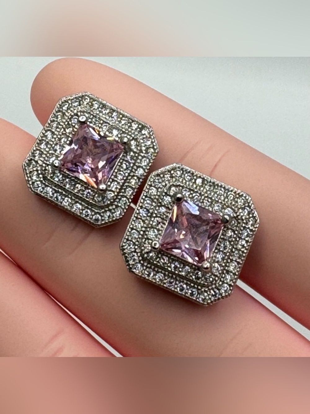 Silver Pink Sapphire CZ Halo Stud Earrings Square Princess Cut Elegant
